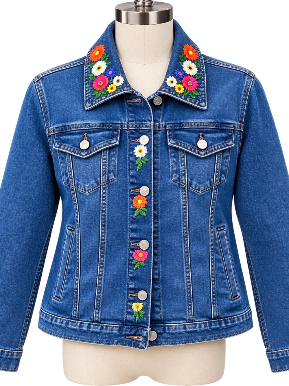 Embroidered Floral upcycle Mesh Back Denim Jacket - Blue Ptp 18 1/2 - Picture 2 of 4